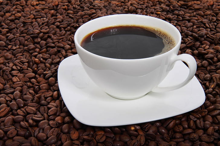 coffee, coffee beans, beverages, black, brown, cup, dark, drink, hot drink, liquid, plates, espresso, HD wallpaper