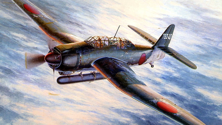 o céu, figura, arte, japonês, baralho, WW2, torpedo de bombardeiro, Aichi B7А Rusei, Aichi В7А Rosa, HD papel de parede