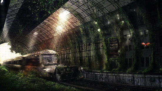 Abandoned subway station, gray and black train on tunnel, fantasy, 1920x1080, tunnel, subway, decay, sation, overgrowth, HD wallpaper HD wallpaper