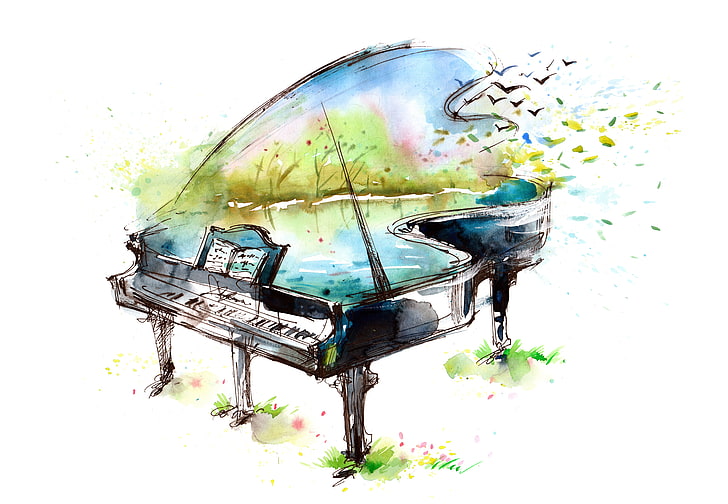 pittura di pianoforte a coda nero, uccelli, lago, note, figura, pianoforte, arte, acquerello, Sfondo HD