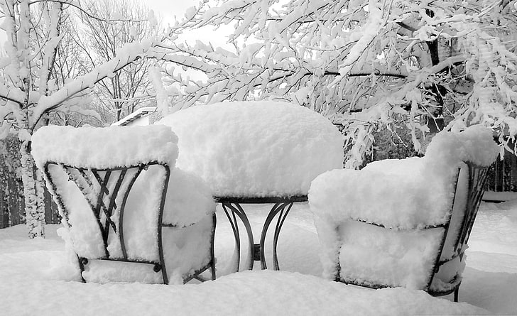 two black metal armchairs, winter, snow, chairs, table, cover, attire, HD wallpaper