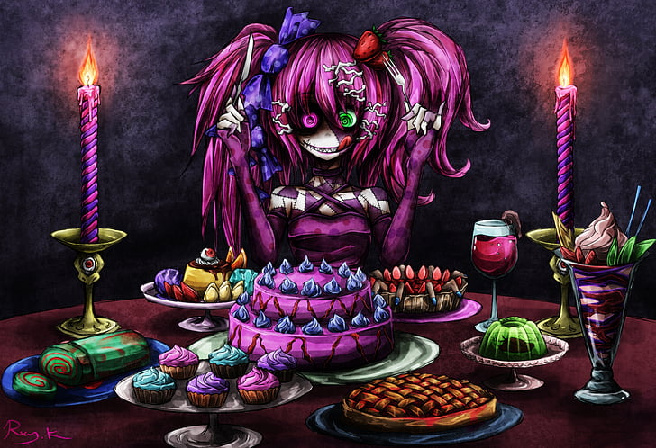 bright, cake, candles, color, creepy, dark, desert, detail, dress, evil, eyes, female, fire, flames, food, games, girl, gown, hatsune, horror, macabre, miku, purple, scary, spooky, sweet, vocaloid, women, HD wallpaper