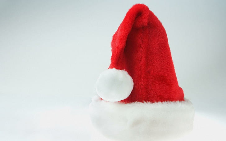 new year, christmas, cap, santa claus, fur, red and white santa hat, new year, christmas, santa claus, HD wallpaper