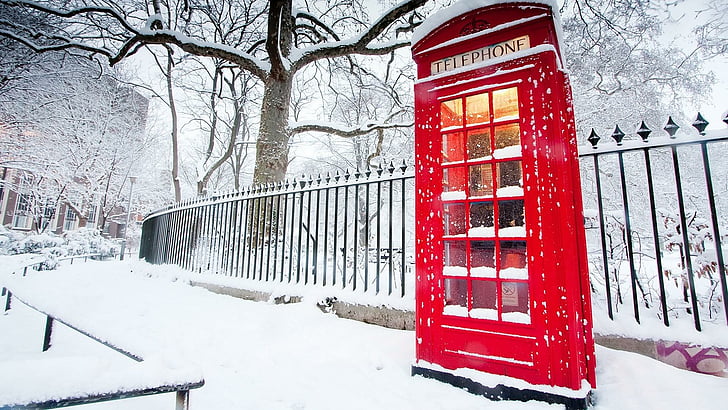 telephone, winter, call box, box, call, snow, snowy, snowfall, park, london, freezing, tree, telephone booth, ice, HD wallpaper