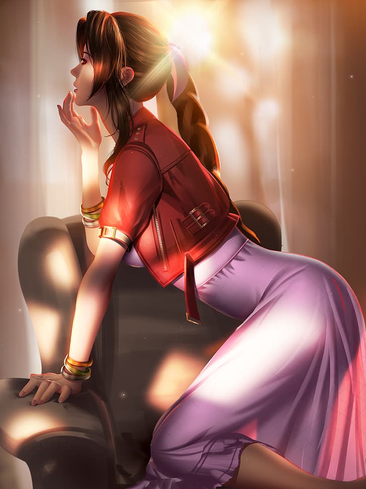 Aerith Gainsborough, Final Fantasy, video games, video game characters, video game girls, brunette, ponytail, long hair, profile, lens flare, backlighting, jacket, dress, kneeling, side view, bracelets, sunlight, couch, vertical, artwork, drawing, digital art, fan art, Liang Xing, Liang-Xing, HD wallpaper