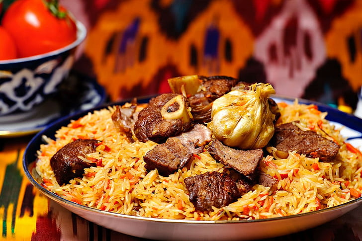 Pilaf, Uzbek dish, Dish, Food, Meat, Rice, Tomatoes, Kick, Onion, Carrot, HD wallpaper