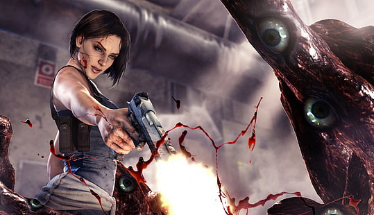 Resident Evil, Resident Evil 3: Nemesis, Blood, Girl, Gun, Jill Valentine, Monster, HD tapet HD wallpaper