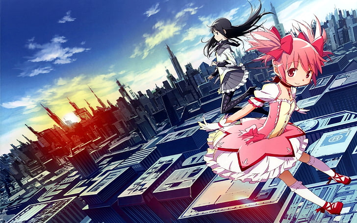 dois personagens de anime de mulher de cabelo preto e rosa papel de parede, meninas, telhado, salto, arranha céu, cidade, HD papel de parede