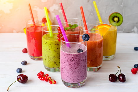  cherry, berries, Breakfast, kiwi, fruit, drinks, smoothies, HD wallpaper HD wallpaper