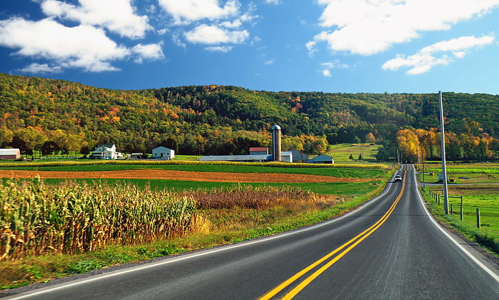 photo of gray concrete roadway between green grass field under blue cloudy sky, Country, Drive, photo, gray, concrete, roadway, green grass, blue, cloudy, sky, Pennsylvania, Clinton County, Greene Township, Sugar Valley, PA-477, Route 477, Appalachian Mountains, driving, road, landscape, farms, clouds, cumulus, rural, autumn, creative commons, rural Scene, nature, travel, asphalt, HD wallpaper