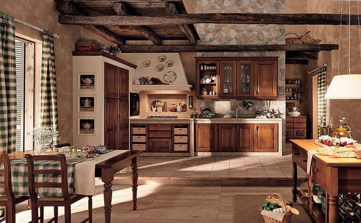 коричневый деревянный кухонный шкаф, кухня, винтаж, интерьер, мебель, деревянные, HD обои