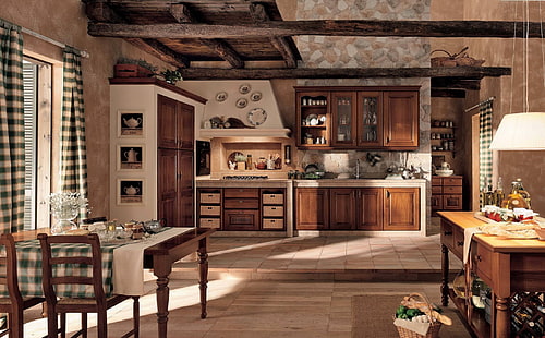 armario de cocina de madera marrón, cocina, vintage, interior, muebles, madera, Fondo de pantalla HD HD wallpaper