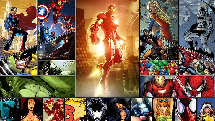 만화 슈퍼 히어로, 놀라운 슈퍼 히어로 포스터, 만화, 1920x1080, 배트맨, 아이언 맨, 캡틴 아메리카, 놀라운 일, 울버린, 슈퍼맨, 원더 우먼, HD 배경 화면
