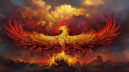 небо, огонь, пламя, фэнтези-арт, феникс, птица феникс, мифология, произведение искусства, HD обои HD wallpaper
