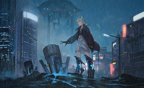 аниме момичета, аниме, аниме: Gamers !, тъмно, градски пейзаж, дъжд, HD тапет HD wallpaper