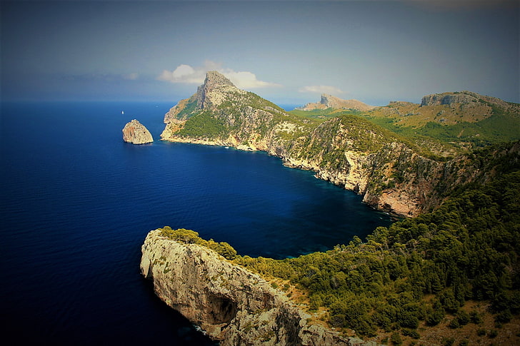 cliff, coast, coastline, earth, horizon, majorca, ocean, sea, spain, HD wallpaper