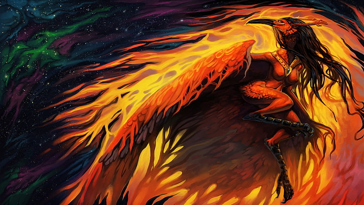 иллюстрация персонажа гарпии фэнтези, взгляд, беллетристика, огонь, крылья, клюв, искусство, феникс, жар-птица, HD обои