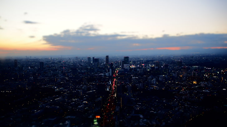 gray high-rise building, aerial photography of city under clear skies, Tokyo, landscape, Japan, sunset, tilt shift, HD wallpaper