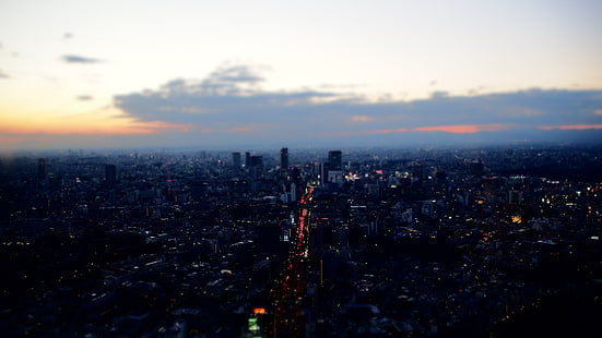 grå höghus, flygfotografering av staden under klar himmel, Tokyo, landskap, Japan, solnedgång, tilt shift, HD tapet HD wallpaper