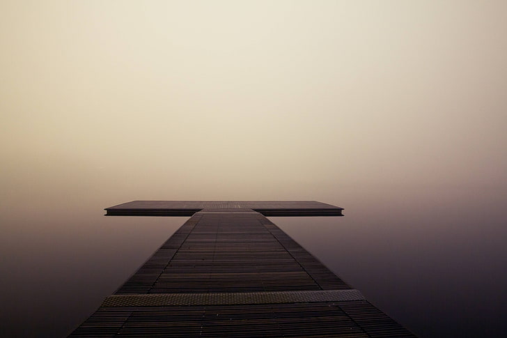 calm, wooden, lake, sea, pier, fog, ocean, quiet, HD wallpaper