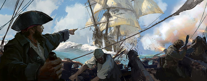 игра, море, пират, шляпа, человек, корабль, паруса, экипаж, кайдзоку, череп и кости, HD обои