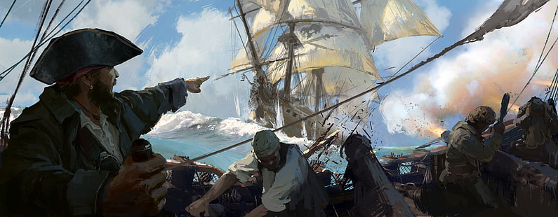 игра, море, пират, шляпа, человек, корабль, паруса, экипаж, кайдзоку, череп и кости, HD обои HD wallpaper