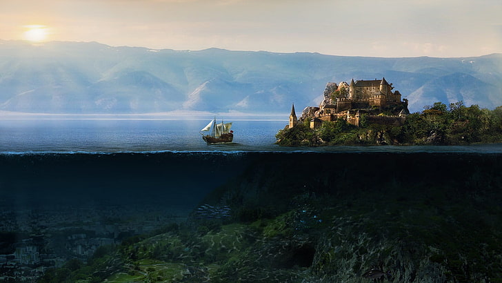 коричневый замок, замок, фэнтези-арт, парусный корабль, разделенный вид, подводный, HD обои