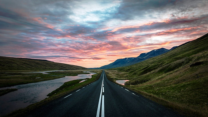 асфалтов път, природа, пейзаж, Исландия, път, залез, хълмове, HD тапет