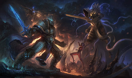 два фэнтезийных персонажа в доспехах с мечами обои, Diablo, Warcraft, Starcraft, Архангел правосудия, герои шторма, HD обои HD wallpaper