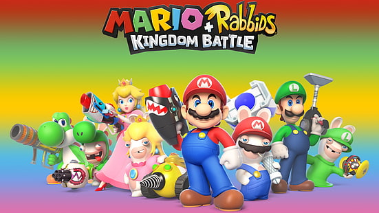 Videospel, Mario + Rabbids Kingdom Battle, Luigi, Mario, Princess Peach, Raving Rabbids, Yoshi, HD tapet HD wallpaper