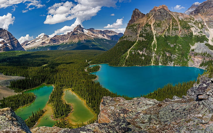 коричневая скалистая гора, природа, пейзаж, озеро О'Хара, Британская Колумбия, Канада, лес, горы, облака, лето, бирюза, вода, зеленый, HD обои