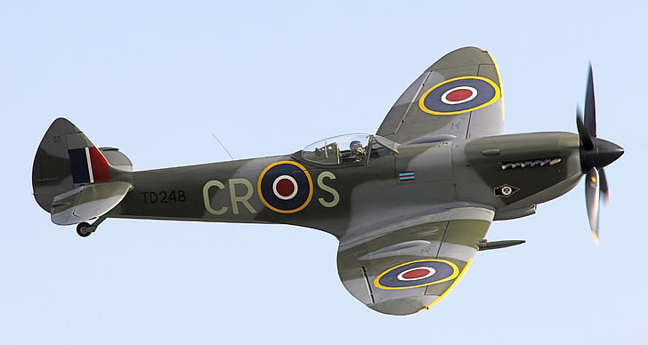 Supermarine Spitfire Mk XVI, жълт, сив и черен боен самолет, Самолети / Самолети,, самолет, самолет, HD тапет