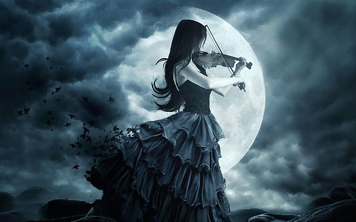 dziewczyna, gotyk, księżyc, skrzypce, Tapety HD