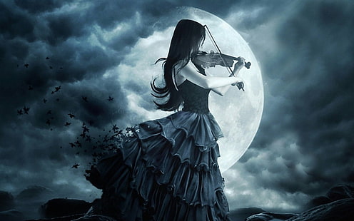 момиче, готика, луна, цигулка, HD тапет HD wallpaper