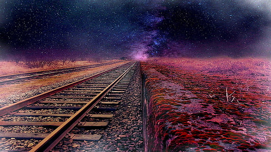 milky way, tracks, track, railroad, railway, night, night sky, stars, starry night, rails, night stars, fantasy landscape, HD wallpaper HD wallpaper