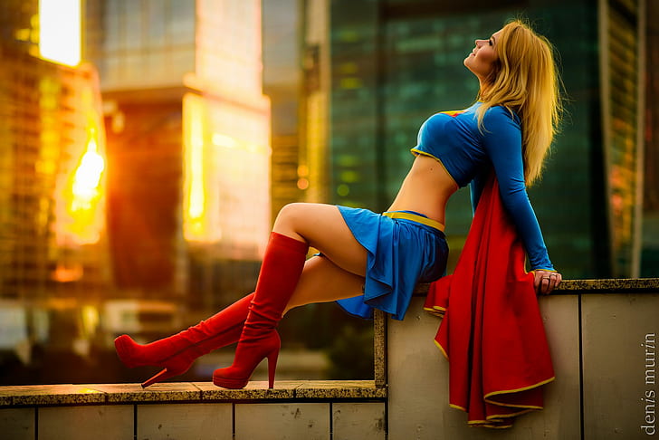 Denis Murin, Irina Meier, women, blonde, long hair, straight hair, smiling, arched back, profile, blue clothing, cape, red clothing, skirt, blouse, Supergirl, high heeled boots, cosplay, HD wallpaper
