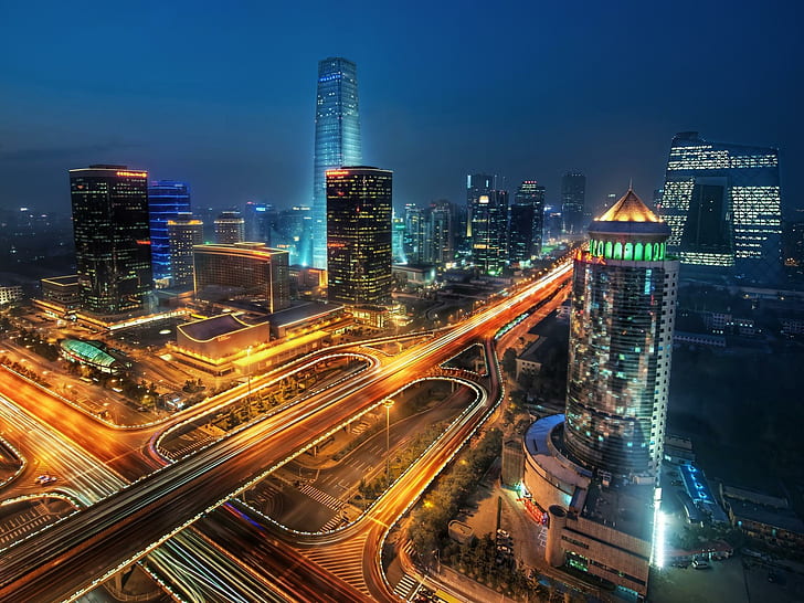 Pékin la nuit, lumières, porcelaine, trafic, beijing, ville, gratte-ciel, nuit, animaux, Fond d'écran HD