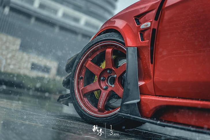 سيارة ميتسوبيشي لانسر ايفو x ضبط قطرات مياه المطر jdm volk racing brembo red، خلفية HD