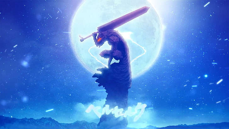 ilustração do jogo, Berserk, espadachim preto, armadura de berserk, lua, HD papel de parede