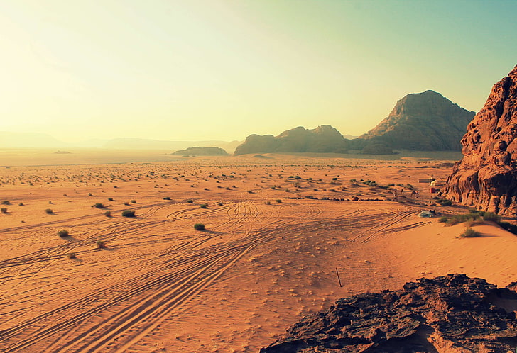 barren, daylight, desert, dry, evening, horizon, landscape, mountains, nature, sand, sandstone, scenic, sky, sunset, HD wallpaper