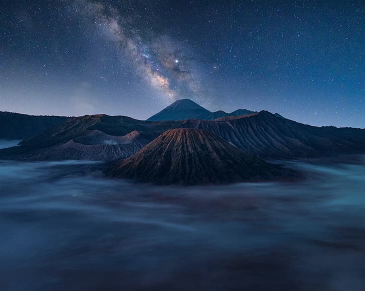 nightscape, landscape, volcano, photography, nature, mountains, stars, Mount Bromo, Indonesia, mist, HD wallpaper