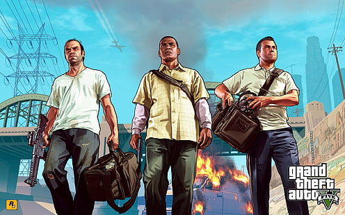 Grand Theft Auto Five Art ، Grand Theft Auto V ، GTA V ، فرانكلين كلينتون ، مايكل دي سانتا ، تريفور فيليبس، خلفية HD HD wallpaper