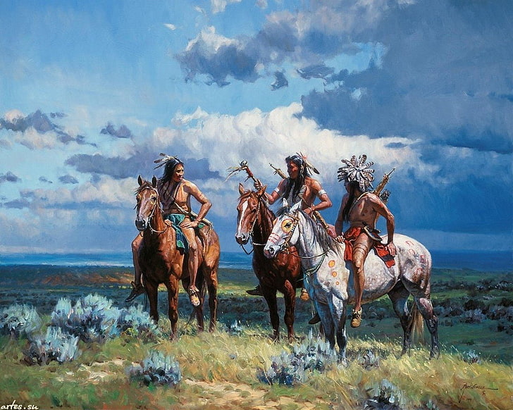 Pintura do cavalo de equitação do nativo americano, artística, nativo americano, HD papel de parede