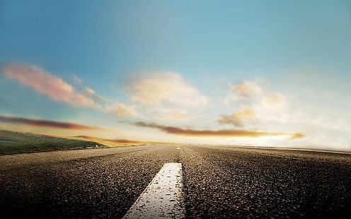 carretera de asfalto en blanco y negro, fotografía, cielo, puesta de sol, carretera, horizonte, nubes, paisaje, carretera, cielo despejado, Fondo de pantalla HD HD wallpaper
