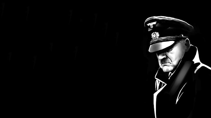 photo en niveaux de gris d'un homme coiffé d'un chapeau, Adolf Hitler, nazi, fond noir, moustache, croix gammée, Allemagne, acteur, films, Bruno Ganz, Fond d'écran HD