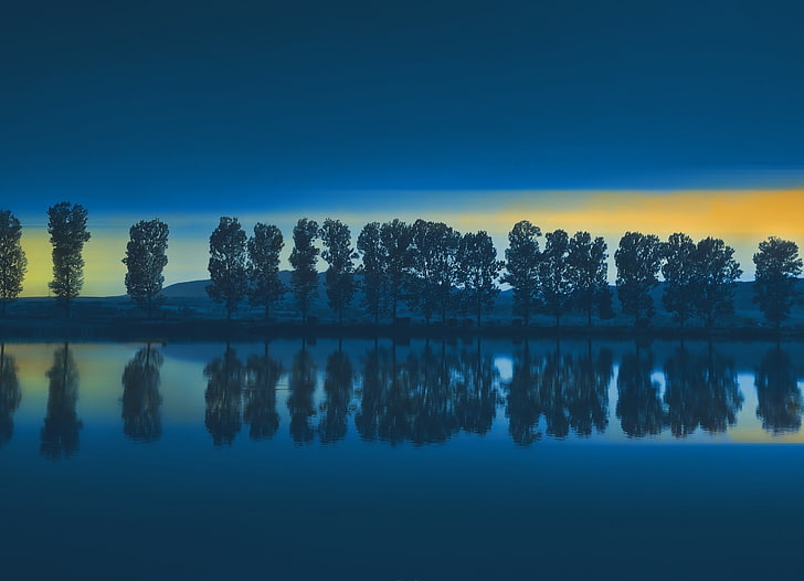 Schwarzweiss-Betonbau, See, Bäume, Sonnenuntergang, Berge, HD-Hintergrundbild