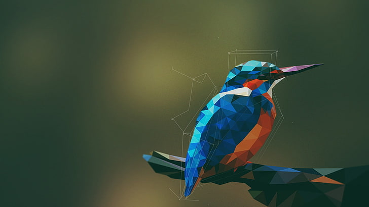 animaux oiseaux martin-pêcheur low poly géométrie oeuvres d'art numérique oeuvre simple fond, Fond d'écran HD