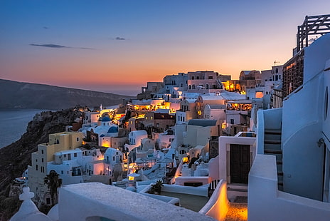 Santorini, Yunanistan, deniz, dağlar, ev, akşam, Santorini, Yunanistan, yamaç, HD masaüstü duvar kağıdı HD wallpaper