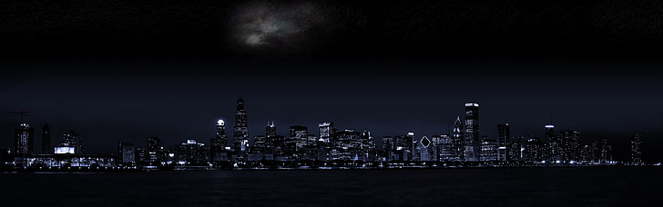 edificios iluminados, pantalla múltiple, ciudad, oscuridad, Fondo de pantalla HD