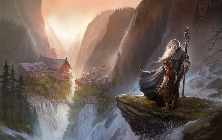The Hobbit Gandalf and Frodo wallpaper, mountains, the city, rocks, the Lord of the rings, art, MAG, gorge, staff, waterfalls, Rivendell, Gandalf, The Hobbit, An Unexpected Journey, Bilbo, HD wallpaper